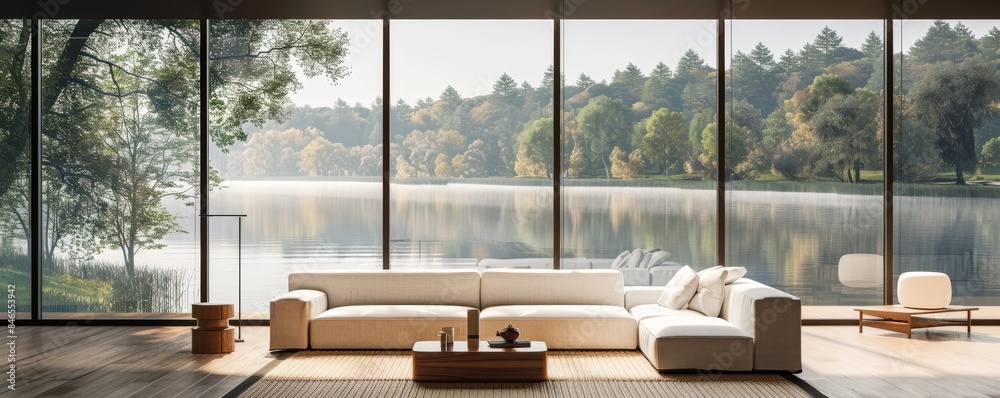 A Stock AI-generated illustration of a modern light apartment with big windows. A Stock AI-generated illustration of a modern light apartment with big windows.