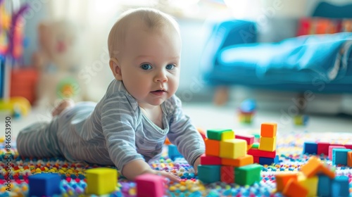 baby playing with colorful toys at home