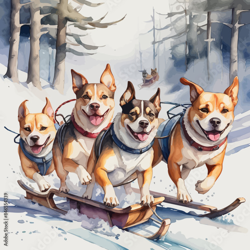 Dogs pulling a sleigh Ilustration Design Very Cool