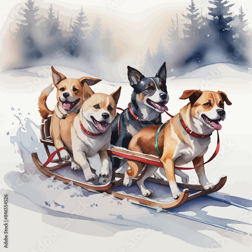 Dogs pulling a sleigh Ilustration Design Very Cool