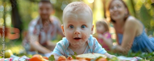 On a picnic blanket, a baby crawls on. A group picnic is taking place in a park outdoors.