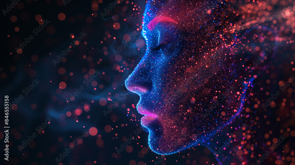 Abstract Digital Art of Woman's Face with Neon Lights and Particle Effects, Futuristic Technology Concept
Abstract Digital Art of Woman's Face with Neon Lights and Particle Effects, Futuristic Technology Concept