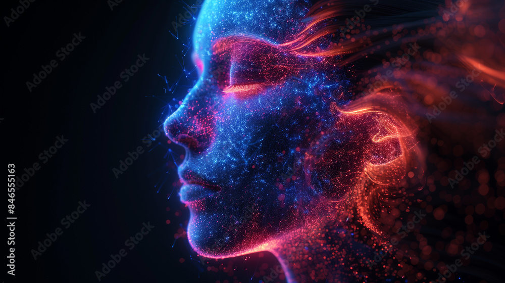 Abstract Digital Art of Woman's Face with Neon Lights and Particle Effects, Futuristic Technology Concept
Abstract Digital Art of Woman's Face with Neon Lights and Particle Effects, Futuristic Technology Concept