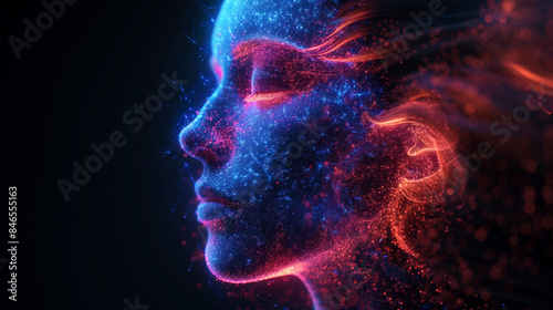 Abstract Digital Art of Woman's Face with Neon Lights and Particle Effects, Futuristic Technology Concept  © PhilipSebastian