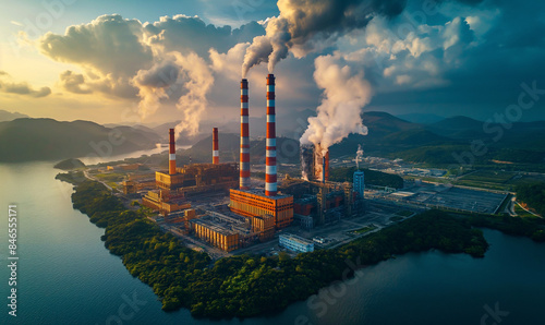 Factory. Industrial area. Gas turbine power plant with power for the plant power supply concept. Industry metallurgical plant. Smog emissions, bad ecology. photo
