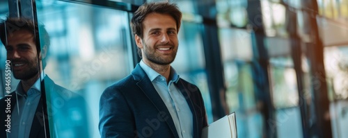 An office portrait of a young businessman looking at the camera.