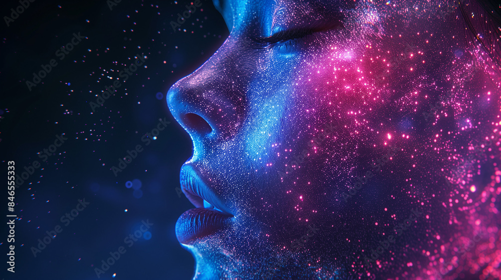 Abstract Digital Art of Woman's Face with Neon Lights and Particle Effects, Futuristic Technology Concept
Abstract Digital Art of Woman's Face with Neon Lights and Particle Effects, Futuristic Technology Concept