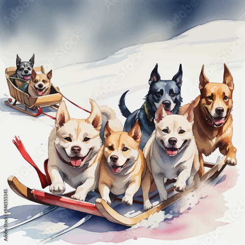 Dogs pulling a sleigh Ilustration Design Very Cool