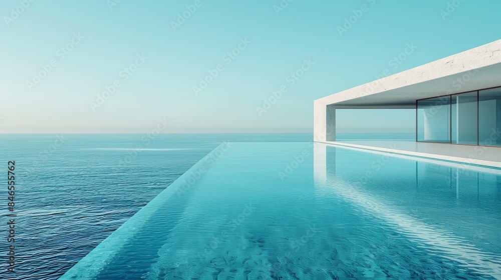 Luxury modern home with infinity pool overlooking tranquil ocean and clear sky Luxury modern home with infinity pool overlooking tranquil ocean and clear sky