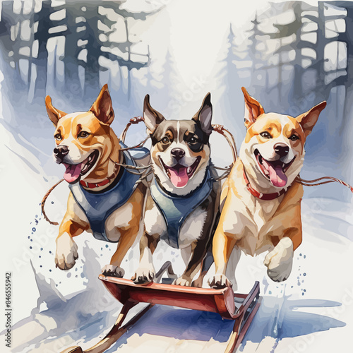 Dogs pulling a sleigh Ilustration Design Very Cool