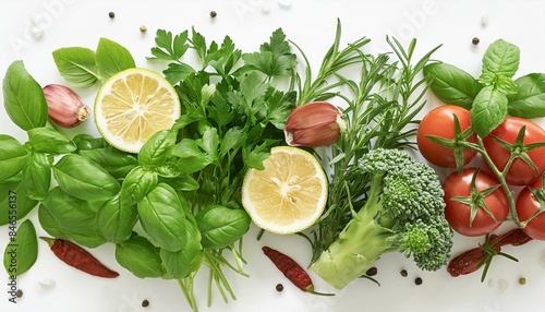 Draufsicht auf Kräuter und Gewürze, isoliert auf weißem Hintergrund, Zutaten zum Kochen, gesunde Gemüse, ballaststoffreich und vitaminreich. photo