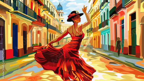 A woman in a red dress dances on a cobblestone street in a vibrant city, her arms outstretched