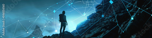 A silhouette of a person standing on a mountaintop against a backdrop of a glowing blue digital network photo
