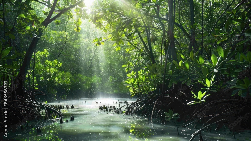 Obraz premium A lush mangrove forest, representing carbon credits' role in preserving critical coastal ecosystems