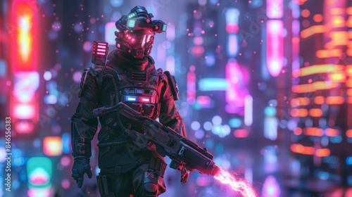 A lone futuristic warrior with glowing armor and a plasma weapon, patrolling a neon-lit urban environment
