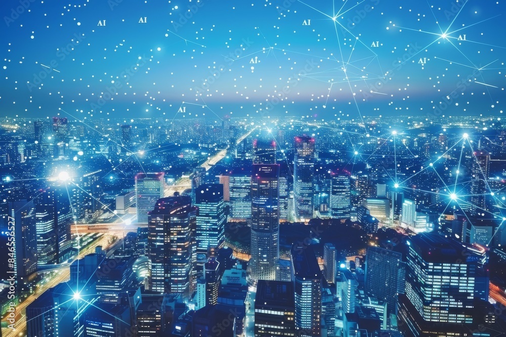 Fototapeta premium Futuristic cityscape with AI elements, representing modern technology and urban innovation