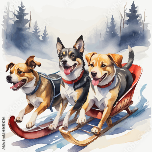 Dogs pulling a sleigh Ilustration Design Very Cool