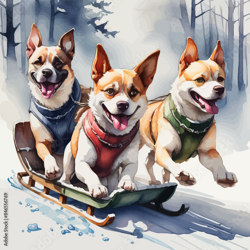 Dogs pulling a sleigh Ilustration Design Very Cool