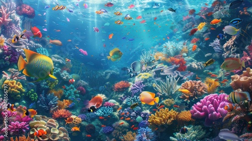 Fototapeta Naklejka Na Ścianę i Meble -  A vibrant coral reef teeming with colorful fish and marine life, showcasing the beauty of underwater ecosystems