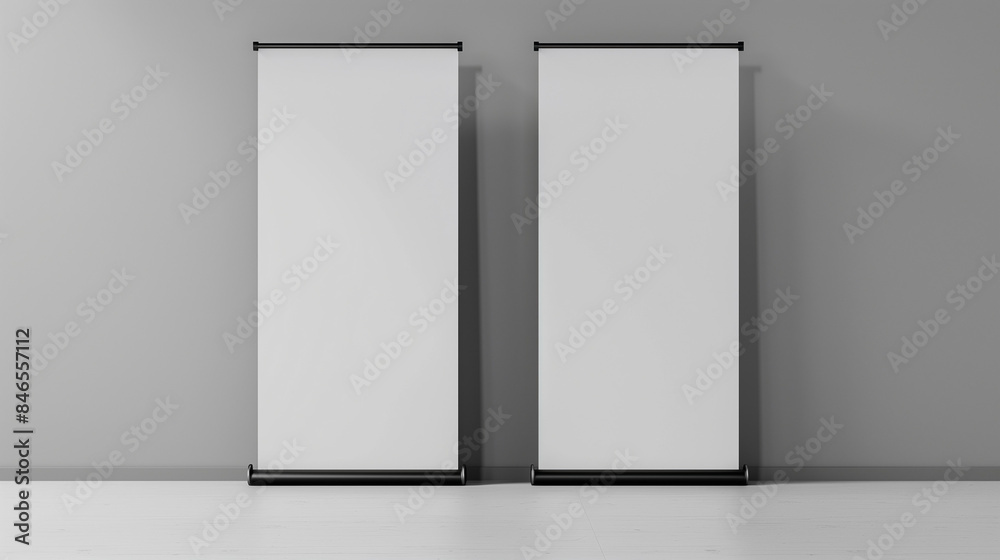 Two blank roll up banner standing on the floor, gray background, mockup template Two blank roll up banner standing on the floor, gray background, mockup template