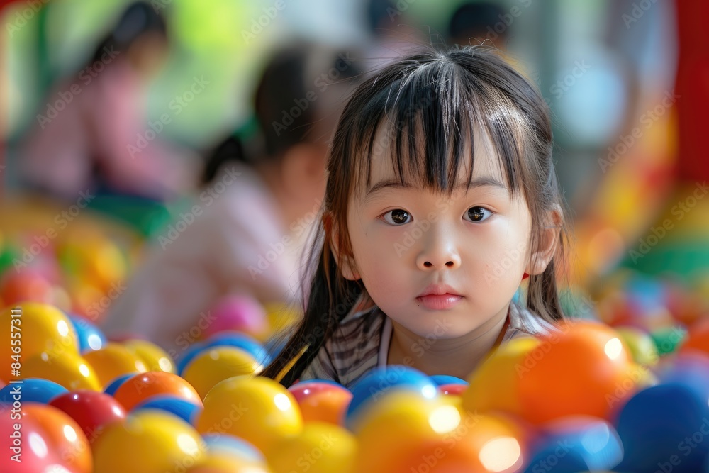 Fototapeta premium The little girl plays with colorful games