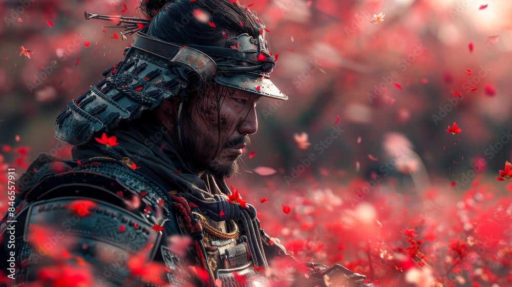 This striking image features a samurai deep in thought, surrounded by a cascade of red petals. His detailed armor and the focused expression on his face reflect a blend of strength and contemplation This striking image features a samurai deep in thought, surrounded by a cascade of red petals. His detailed armor and the focused expression on his face reflect a blend of strength and contemplation