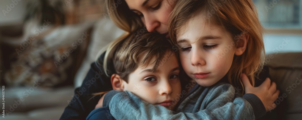 The mother of a child with down syndrome hugs her son at home as he cries. The mother of a child with down syndrome hugs her son at home as he cries.