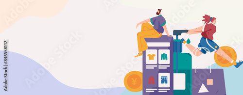 Holiday shopping people doing e-commerce online shopping flat vector concept operation hand drawn illustration
