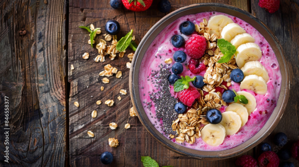 A vibrant smoothie bowl topped with fresh bananas, berries, granola, chia seeds, and mint leaves, perfect for a healthy breakfast. Fruit Smoothie Bowl with Granola and Berries
A vibrant smoothie bowl topped with fresh bananas, berries, granola, chia seeds, and mint leaves, perfect for a healthy breakfast. Fruit Smoothie Bowl with Granola and Berries