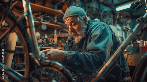 An experienced bicycle mechanic inspecting the frame for cracks and damage in a workshop © Attasit