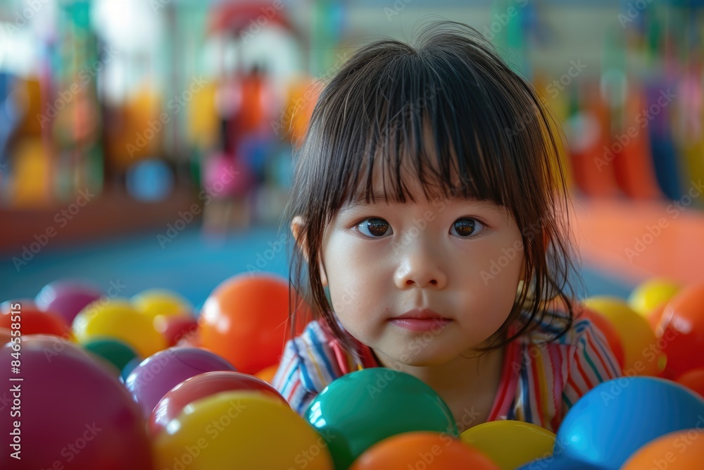 Fototapeta premium The little girl plays with colorful games