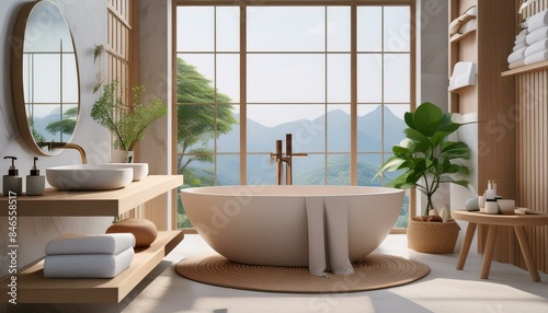 modern bathroom interior with tub and wooden stand sink, mirror, bath accessories, 3d rendering