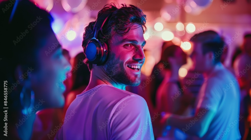 DJ, party, and disco people dancing to techno, rave, or club music in neon lights and social lifestyle. Festival, event, and youth dance floor concert fans smile and listen. DJ, party, and disco people dancing to techno, rave, or club music in neon lights and social lifestyle. Festival, event, and youth dance floor concert fans smile and listen.