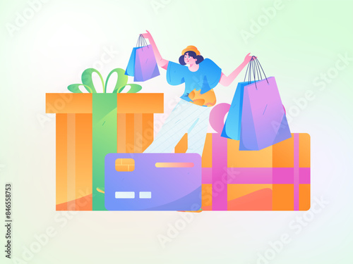 Holiday shopping people doing e-commerce online shopping flat vector concept operation hand drawn illustration
