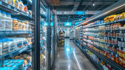 A well-stocked supermarket aisle with shelves filled with various grocery products, including refrigerated items and packaged goods.