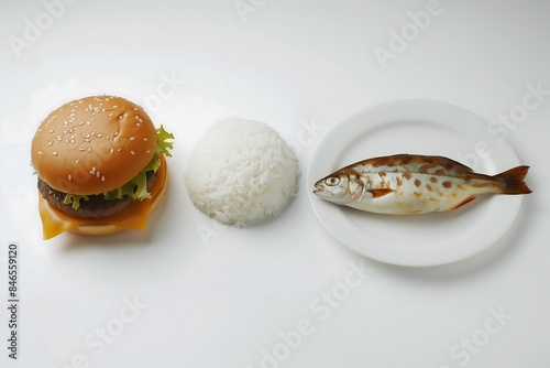 Burger and white rice with fish  photo