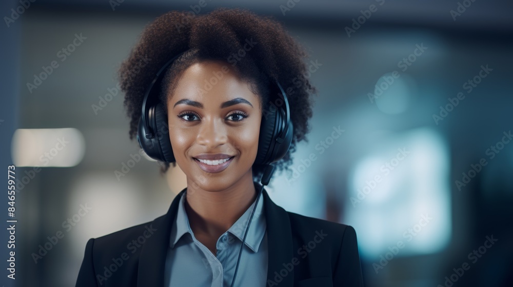 Smiley African American call center telemarketing agent with arms crossed in office talking on headset. Friendly, confident customer service and sales helpdesk operator