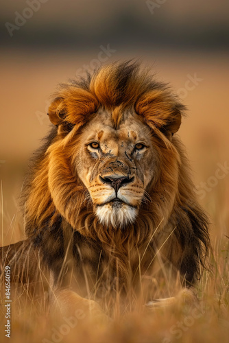 Majestic male African lion (Panthera leo) resting in the grass, showcasing the beauty and power of wildlife photography