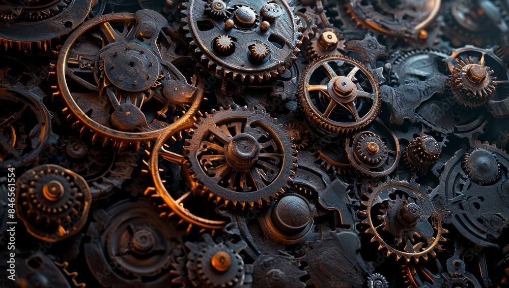 Close up of a group of metal gears interlocked together in a complex mechanism. Close up of a group of metal gears interlocked together in a complex mechanism.