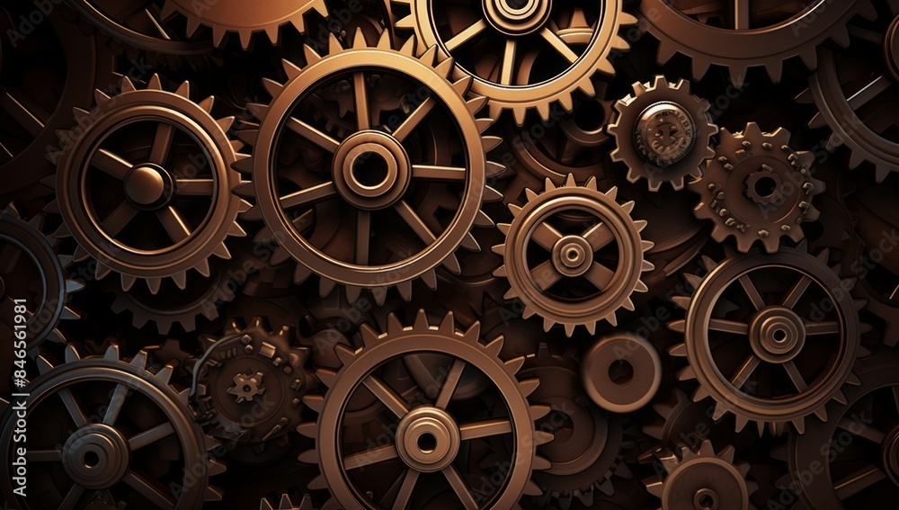 Close up of a group of metal gears interlocked together in a complex mechanism. Close up of a group of metal gears interlocked together in a complex mechanism.