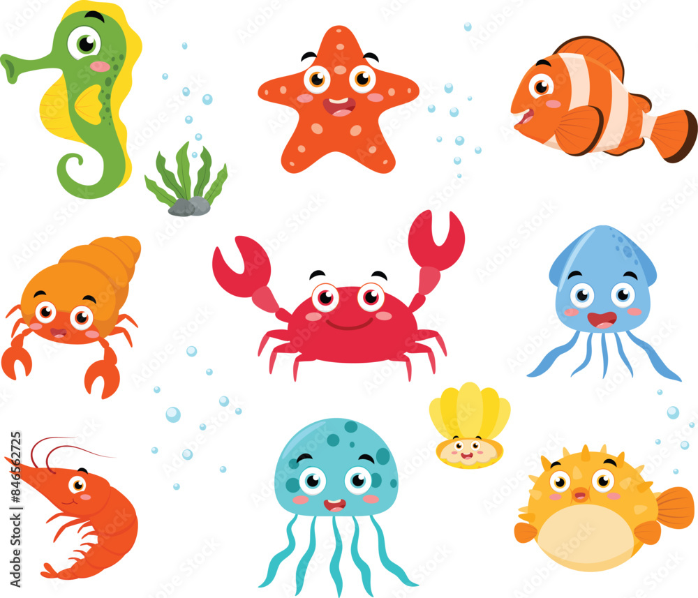 Set of cute sea life animal cartoon, ocean fish and underwater wildlife Set of cute sea life animal cartoon, ocean fish and underwater wildlife