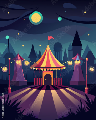 The gaslights glow illuminated the deserted carnival giving the abandoned rides an eerie and unsettling vibe.. Vector illustration
