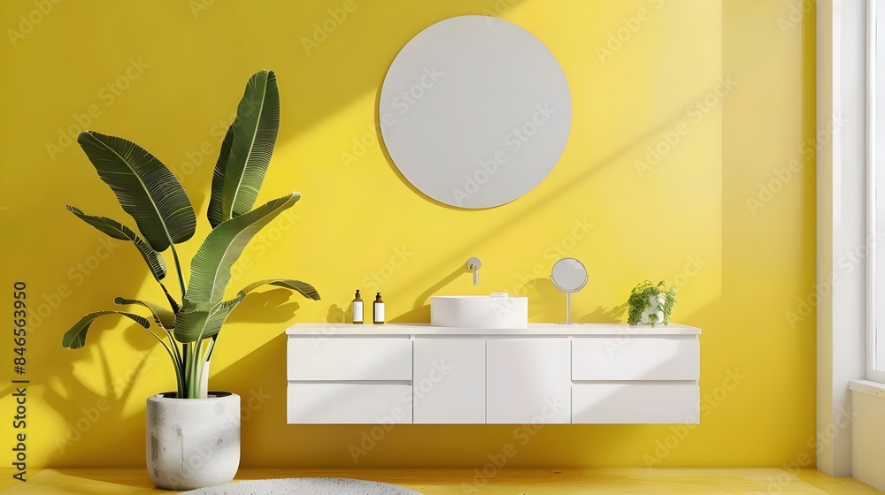 Fototapeta premium Pastel Yellow Minimalist Bathroom with White Vanity and Round Mirror