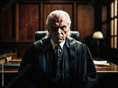 Supreme court, Corrupted dishonest judge in court room, evil people portrait photo