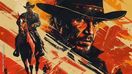 A westernthemed movie poster with a bold font and an illustration of cowboys on horseback. photo