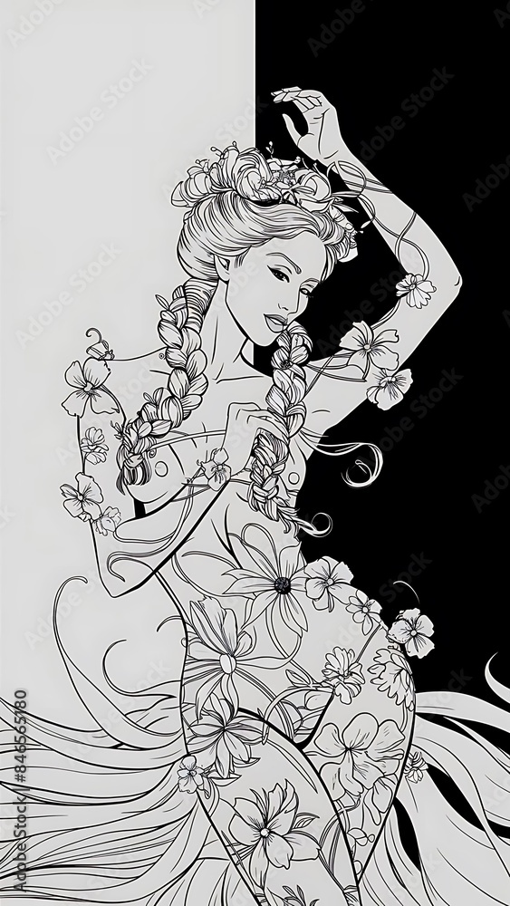 Fototapeta premium Black and White Beautiful Line Art Floral Woman
