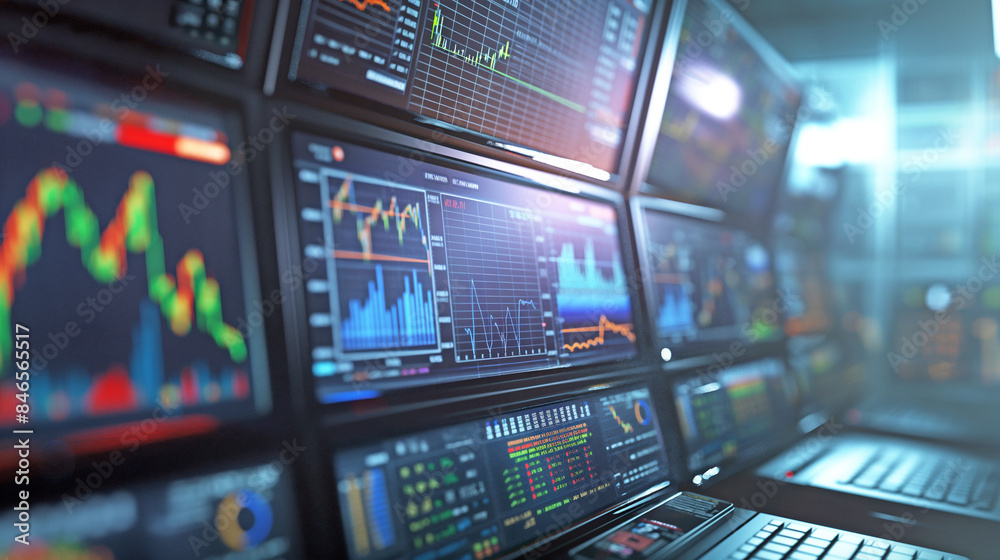 Many monitors in a room for monitoring stock market data and financial investments in a company office. Many monitors in a room for monitoring stock market data and financial investments in a company office.