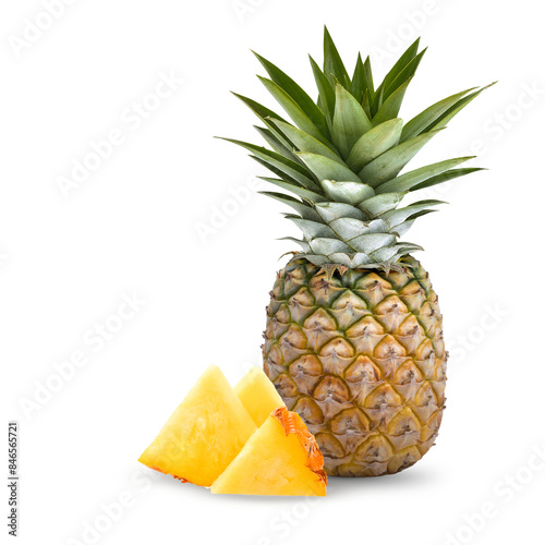 Whole pineapple and pineapple slice. Pineapple with leaves isolate on white. Full depth on transparent.