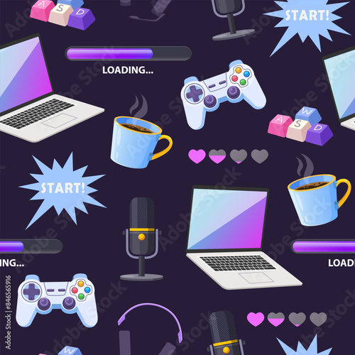Cartoon gamer elements seamless pattern with different modern electronic gadgets.
