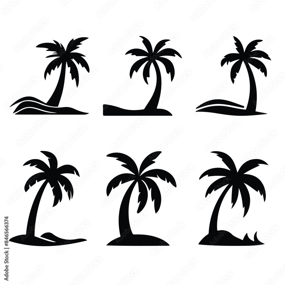 palm tropical tree set icons black silhouette illustration isolated on white background